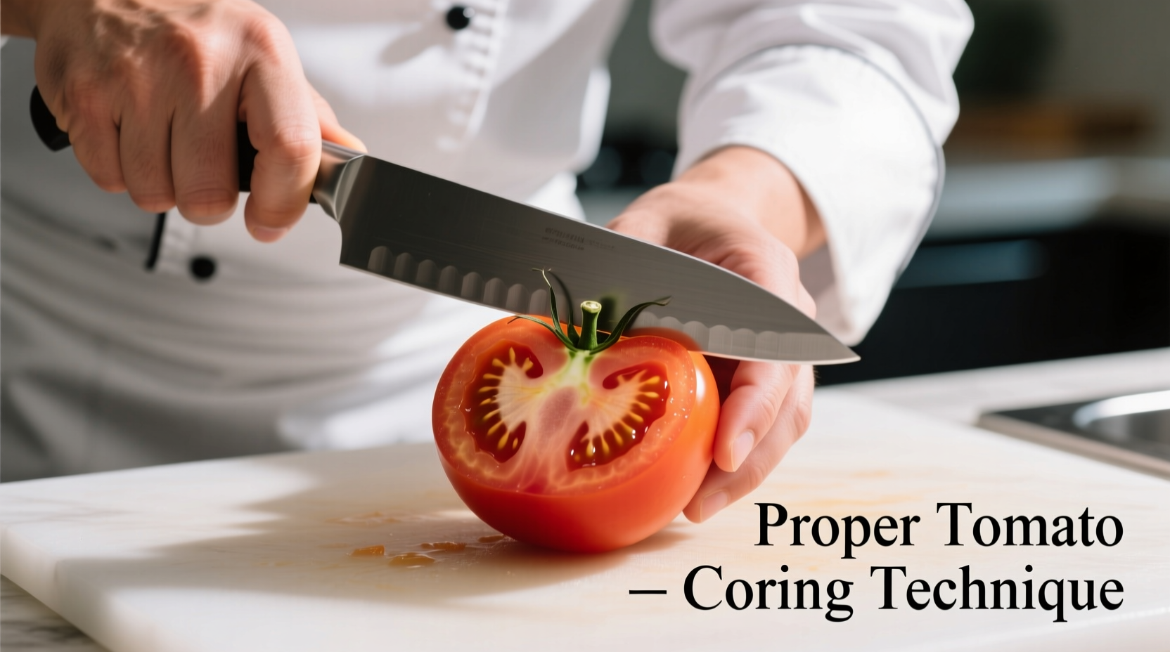 Chef demonstrating proper tomato coring technique with paring knife