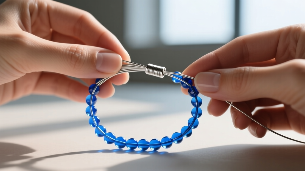 Hands threading a vibrant beaded necklace blue onto 49-strand micro-coated stainless steel beading wire using a silver crimp tube