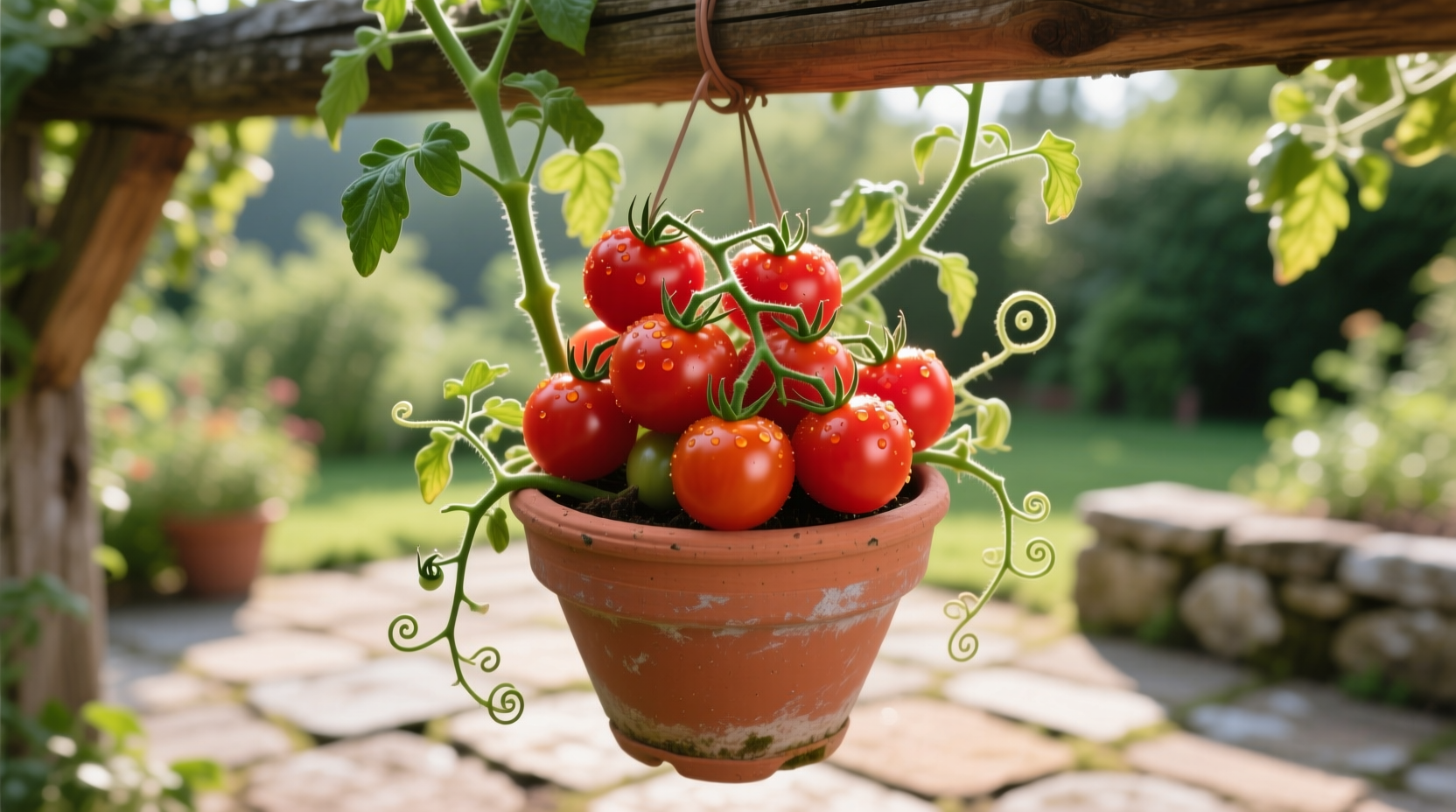 Healthy cherry tomatoes growing in a hanging planter