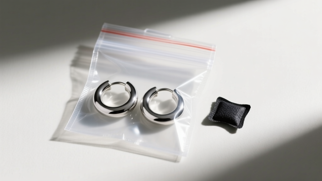 Sterling silver huggies sealed in a specialized anti-tarnish ziplock bag alongside a small black sulfur-absorbing strip.