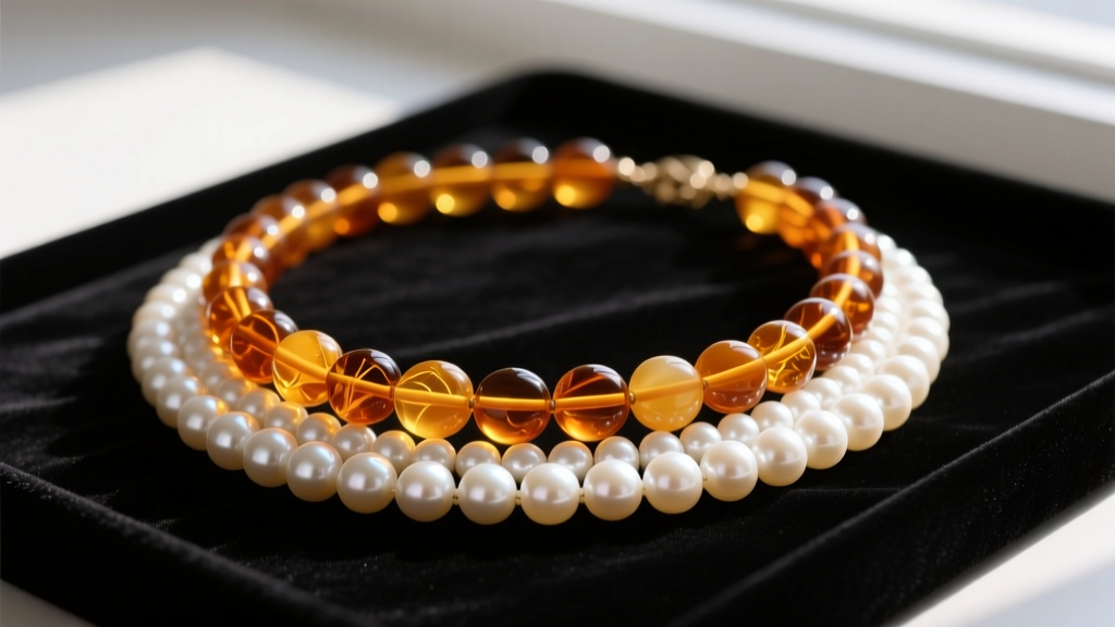 Flat lay of a layered amber and pearl necklace on dark velvet, contrasting honey resin beads with luminous white nacre pearls