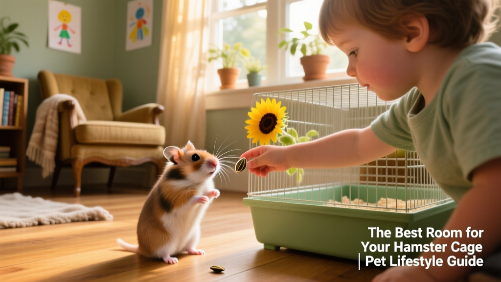 A child gently offering a sunflower seed through cage bars while a calm Syrian hamster sits upright, whiskers twitching, in a softly lit family room setting