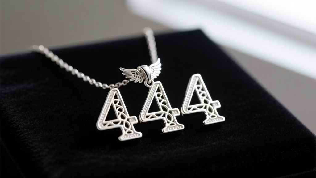 Sterling silver angel number 444 necklace on dark velvet, softly lit to highlight metallic shine and intricate numeral cutouts.