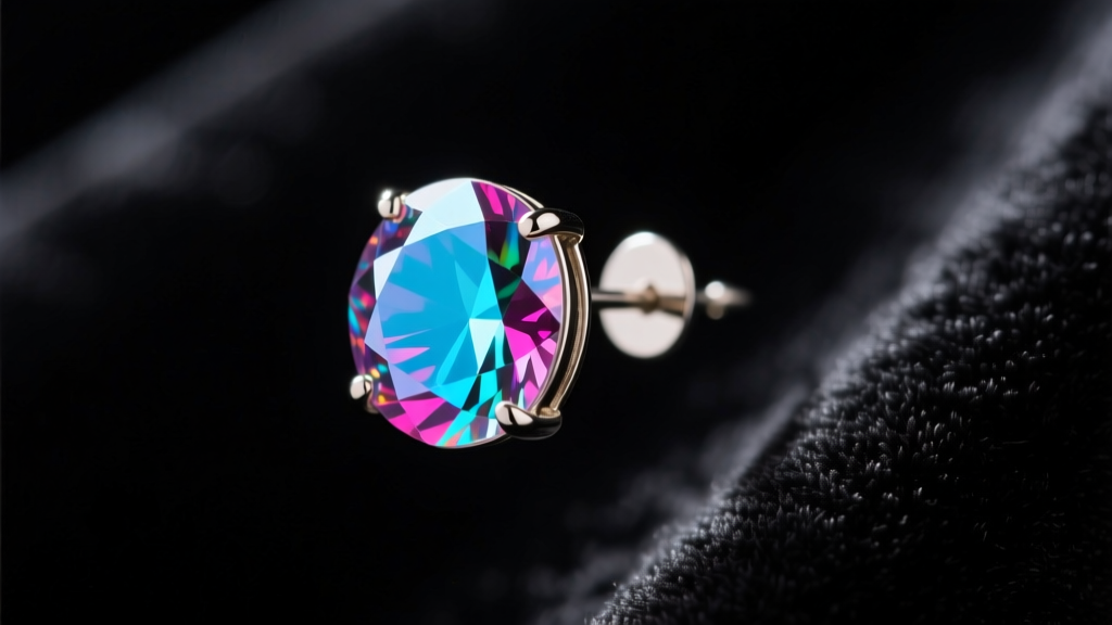 Macro shot of a 20-gauge dichroic glass stud earring showing vibrant cyan and magenta holographic shifts against dark velvet