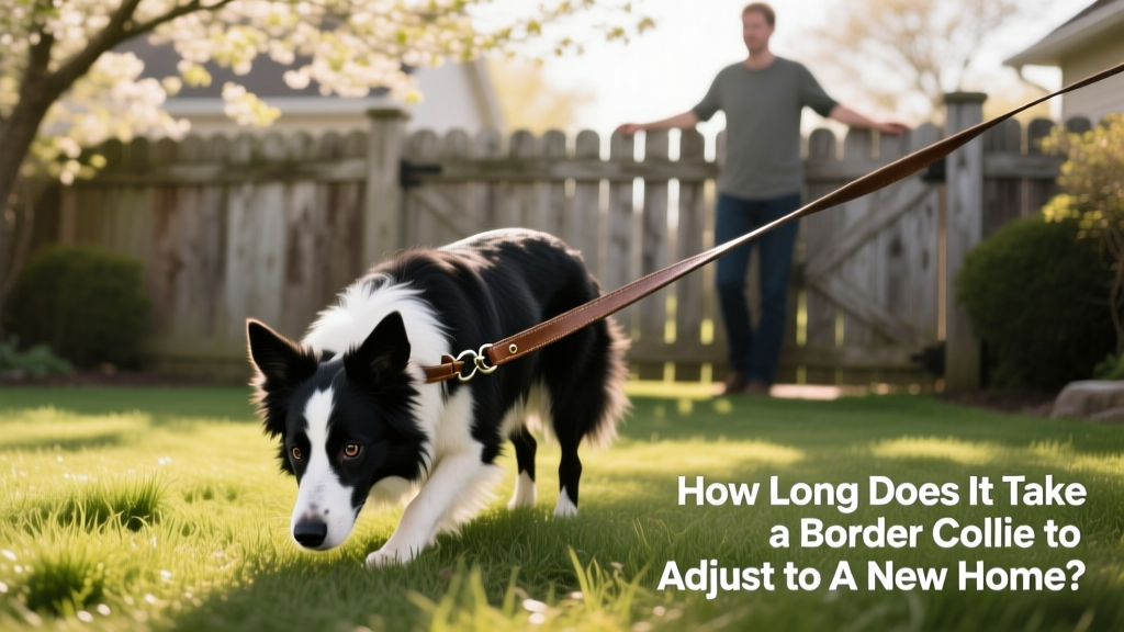 A Border Collie on a leash exploring a fenced backyard under gentle supervision