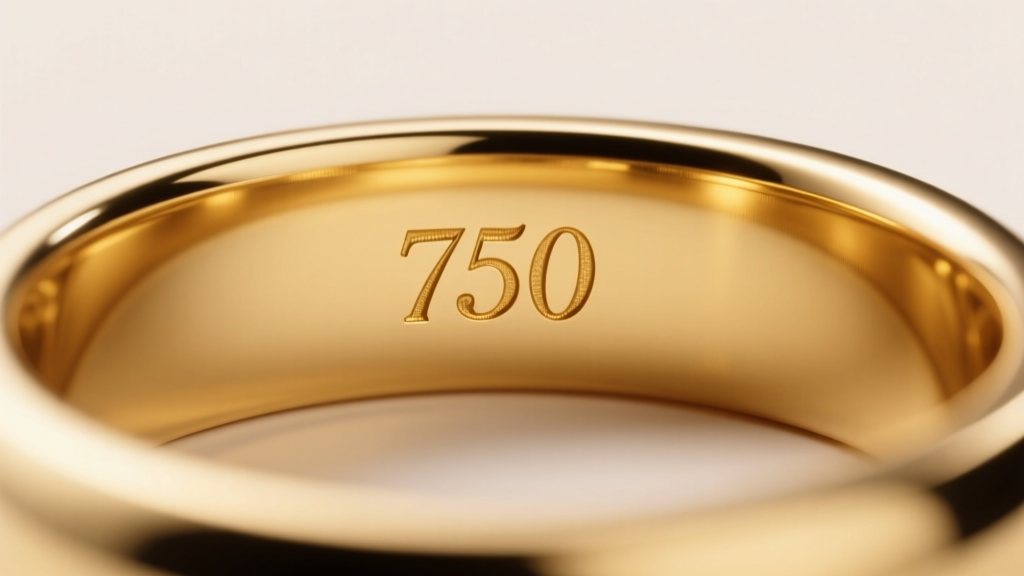 Extreme macro lens shot of a tiny 750 hallmark stamped inside an 18k yellow gold ring band, illuminated by directional light.