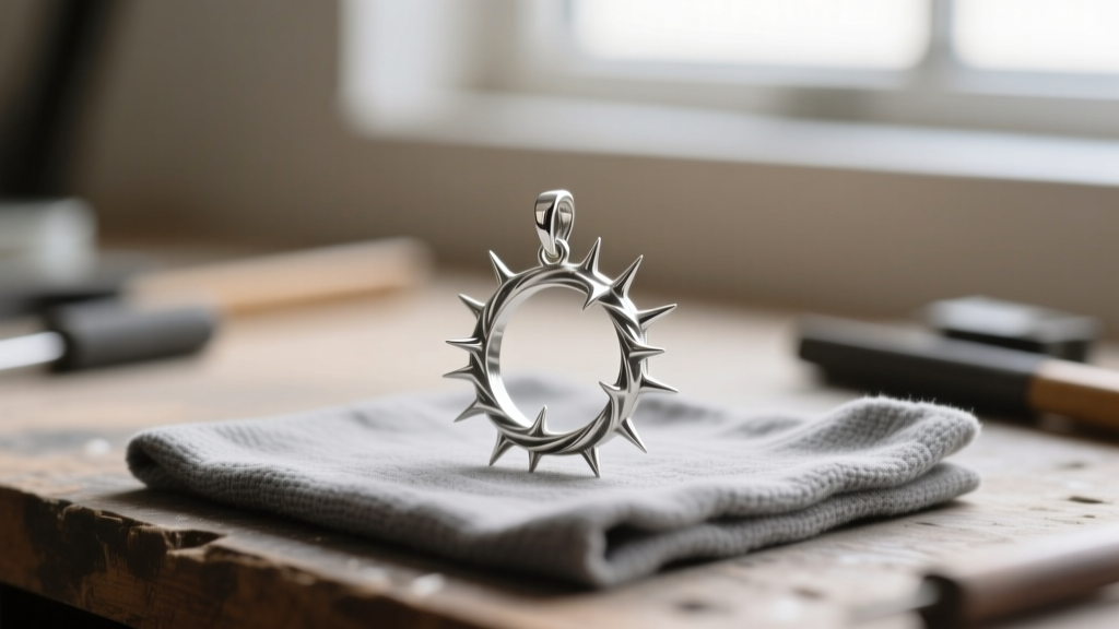 Macro shot of a workbench showing a lost-wax cast silver thorn pendant with blunted prongs resting on a soft gray polishing cloth.