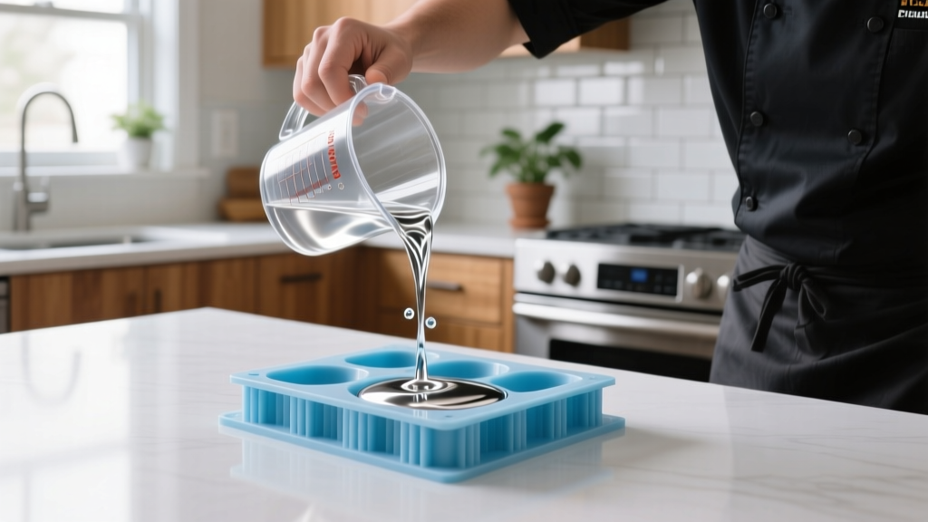 Home cook pouring mixed platinum-cure liquid silicone from a measuring cup into a sealed 3D printed PLA mold frame on a kitchen counter