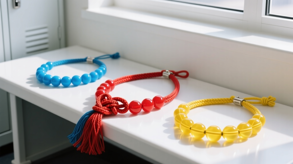 Flat lay of three cheerleading spirit necklaces made of colorful silicone beads and paracord on a clean white locker room bench