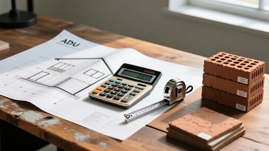 ADU architectural blueprints on a wooden desk next to a financial calculator, tape measure, and stacked brick material samples