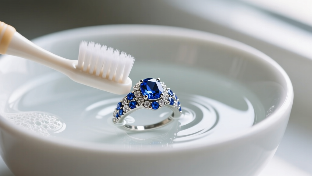 Close-up of a soft-bristled baby toothbrush gently scrubbing a sapphire pavé setting in a ceramic bowl of mild soapy water.