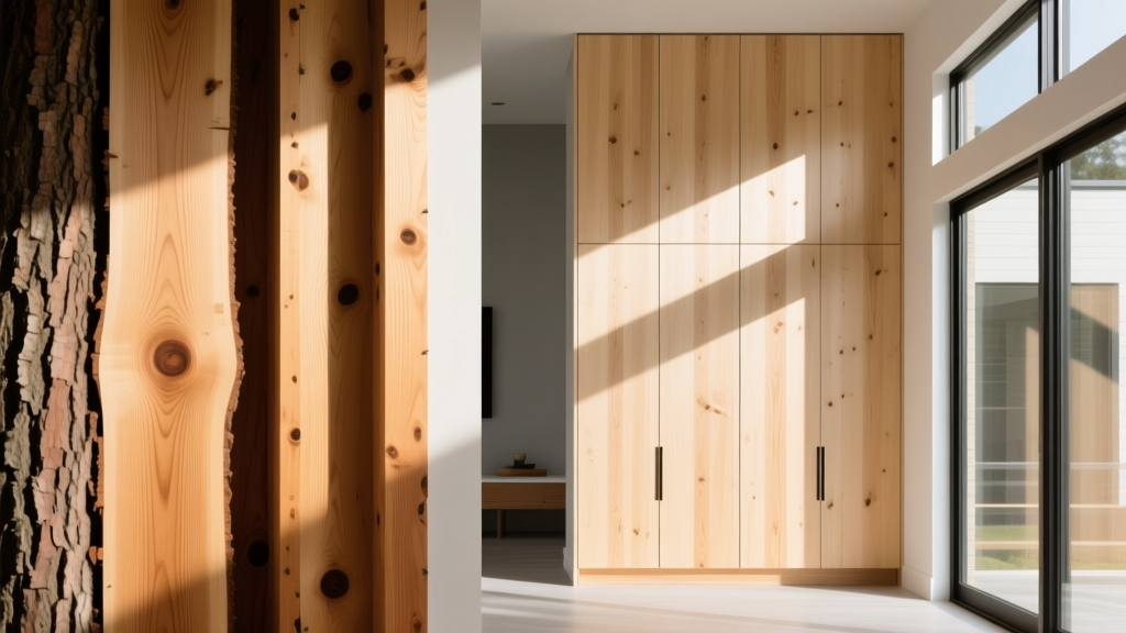 Split view showing rough Douglas Fir wall framing on the left and finished White Oak architectural wall paneling on the right in a modern home