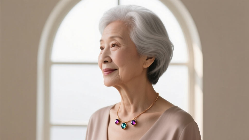 Silver-haired older woman wearing a rose gold necklace with three bezel-set birthstones, bathed in soft, natural window lighting.