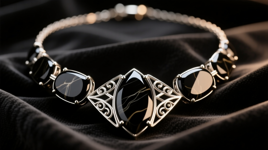 Macro shot of Art Deco vintage black onyx necklace with geometric silver clasps resting on dark velvet under warm studio lighting