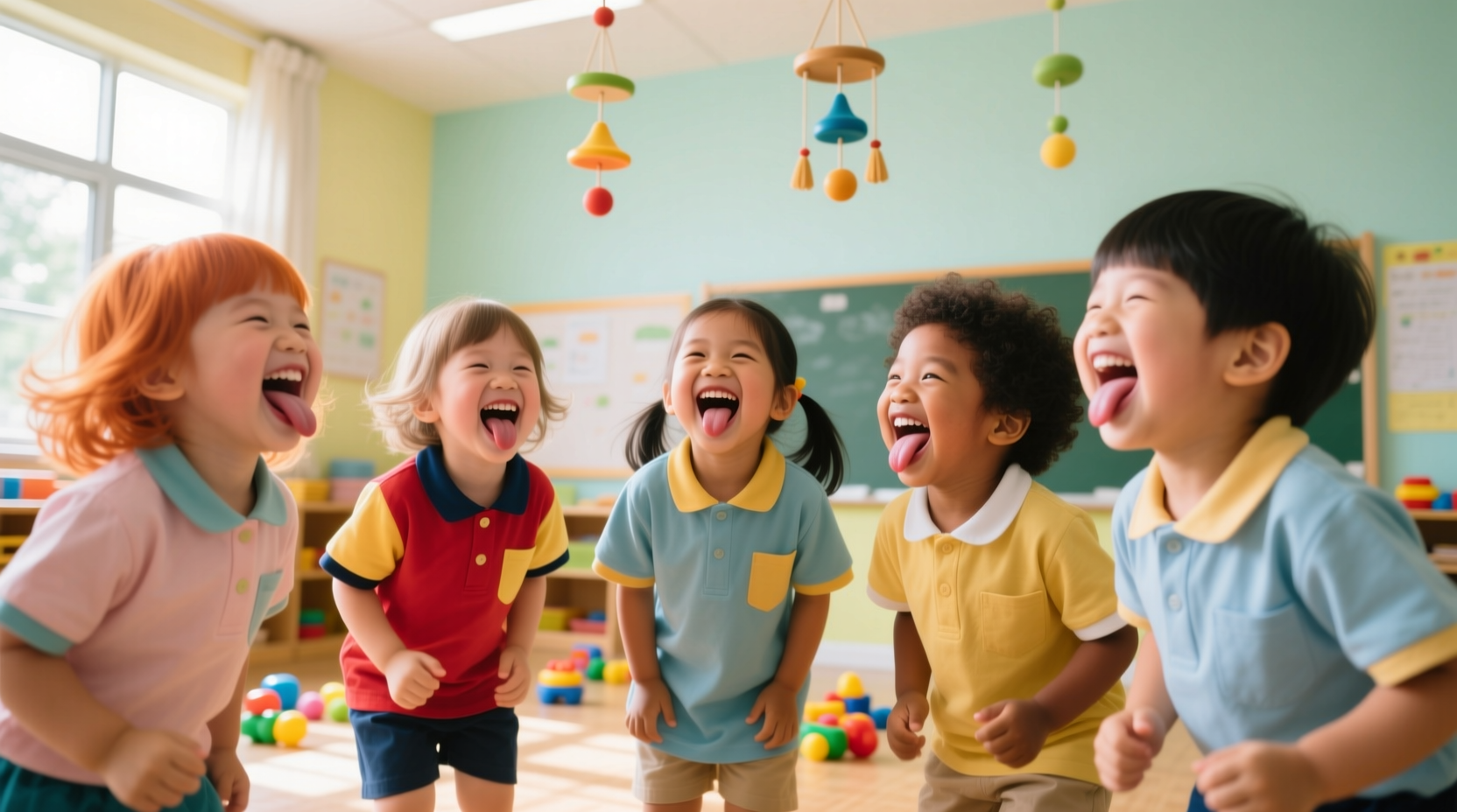 Children making playful facial expressions during preschool activities