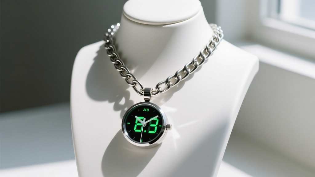 Heavy stainless steel wheat chain supporting a digital clock pendant, photographed against a minimalist white jewelry display bust