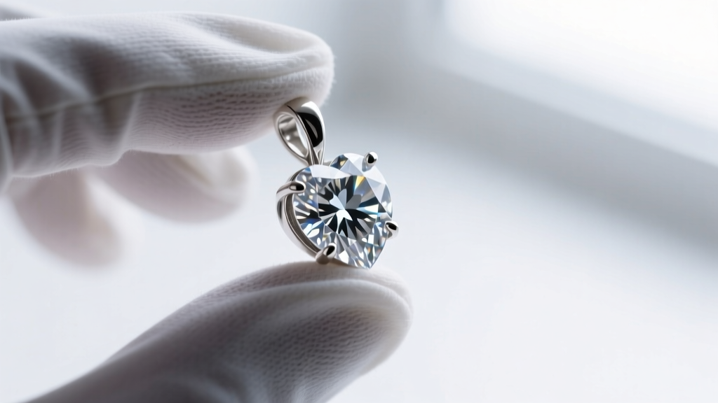 Macro shot of a jeweler inspecting micro-prong settings on a sterling silver heart pendant, revealing a slightly loose CZ gemstone.