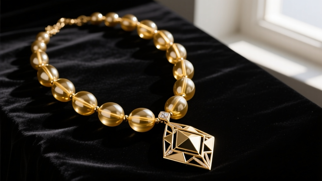 Draped vintage gold-tone Lia Sophia long opera necklace with large resin beads and a heavy geometric pendant on dark velvet.