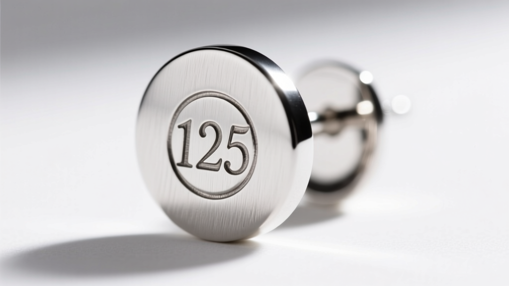 Macro photography of a 925 sterling silver hallmark stamped on the flat back of a thick 12mm brushed silver disc earring post.