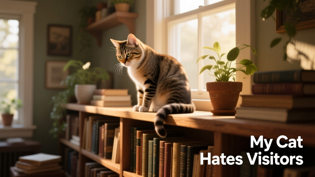 A relaxed cat observing visitors from a high perch, eyes soft and tail gently curled