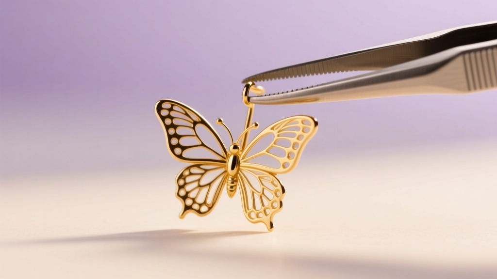 Macro view of a gold butterfly earring back squeezed with steel tweezers to restore tension, against a soft blurred background.