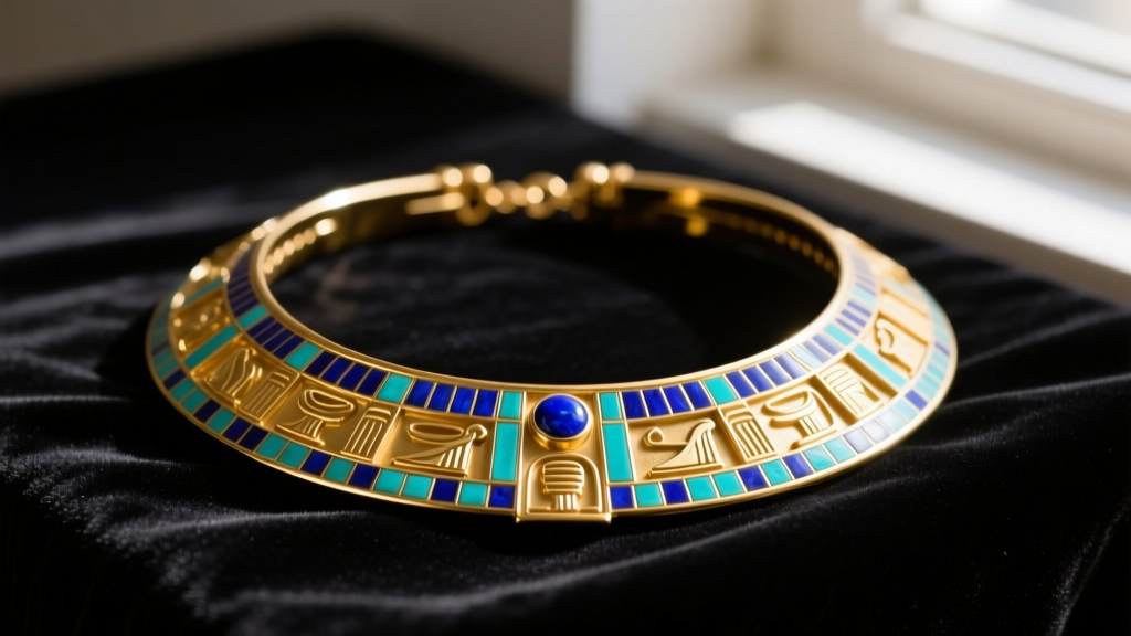 Close-up of a wide gold-plated Egyptian Usekh collar necklace with lapis and turquoise enamel inlays resting on dark velvet.