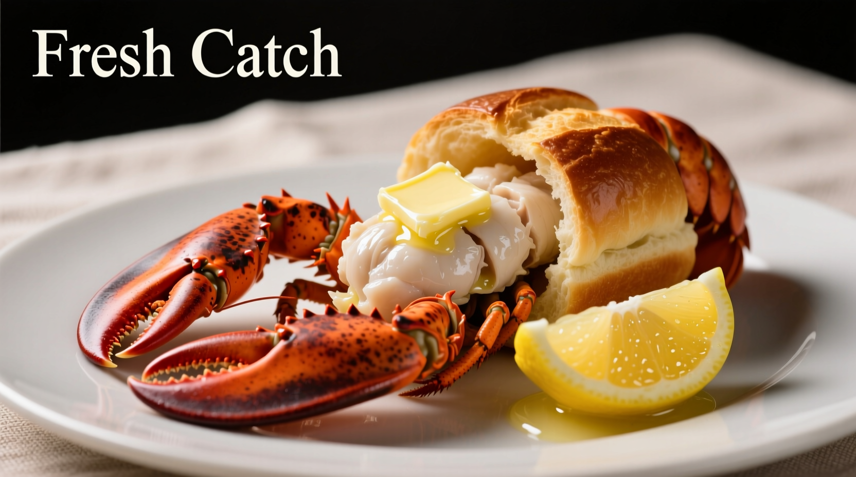 Fresh lobster meat in buttered roll with lemon wedge