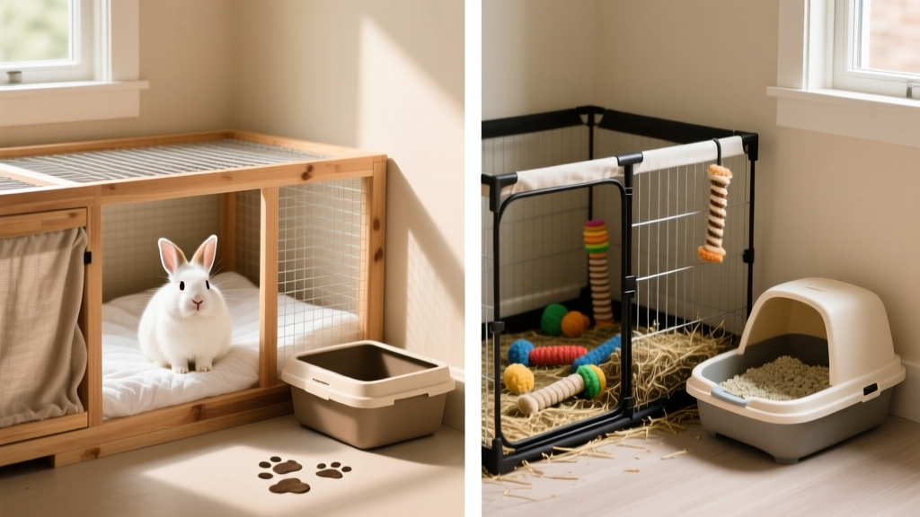 Side-by-side comparison showing a safe, non-wire hutch with a large playpen and a properly placed litter box in the corner