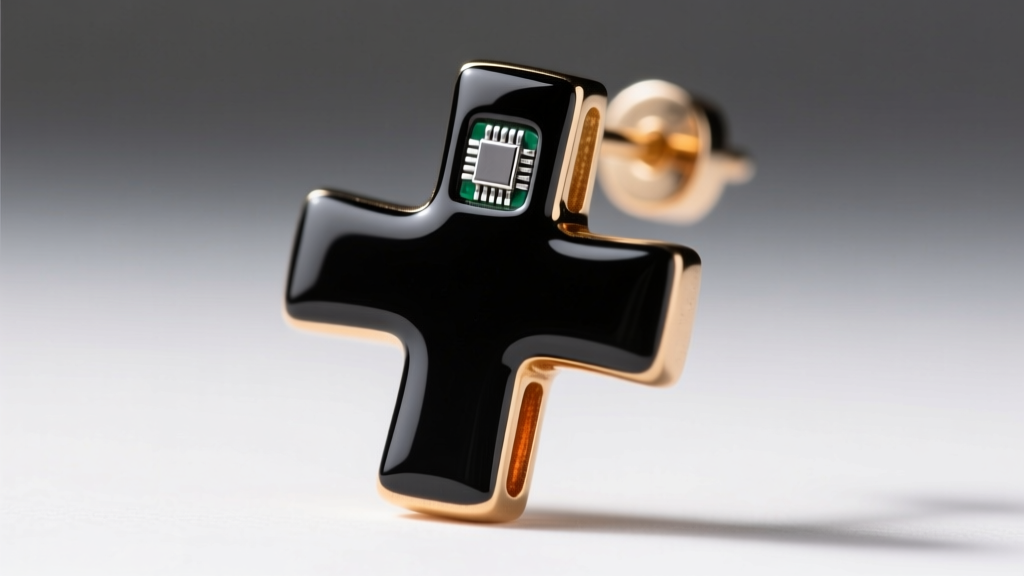 Magnified view of a black enamel cross earring with a micro-chip on the arm, revealing bright brass base metal underneath.