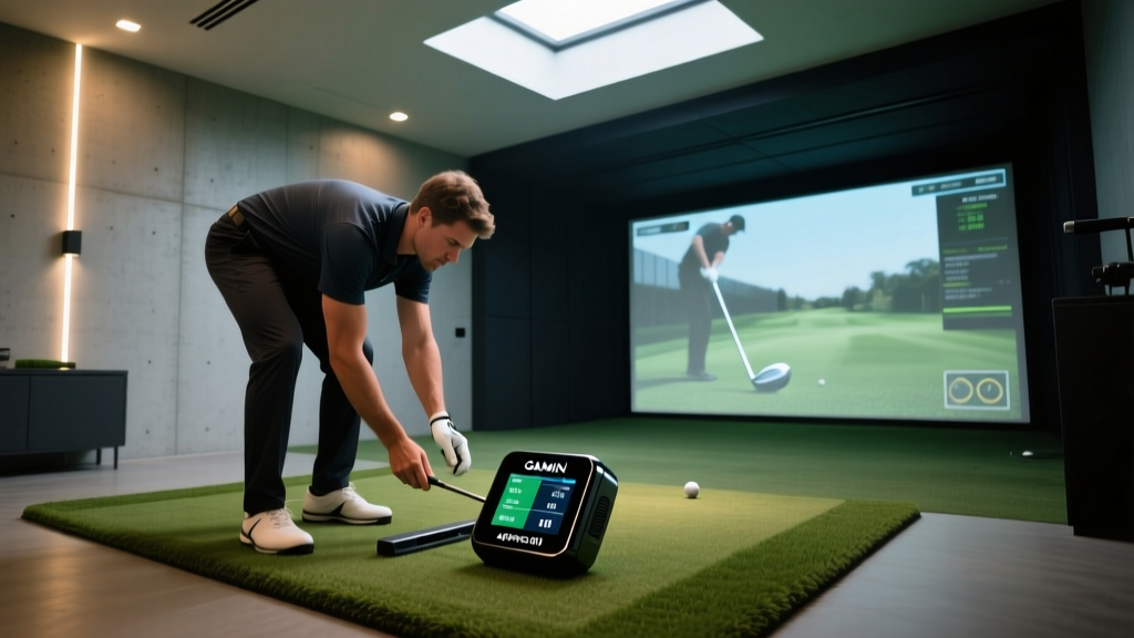 Golfer setting up the Garmin Approach R10 launch monitor on a turf mat in a dimly lit garage home simulator with an impact screen