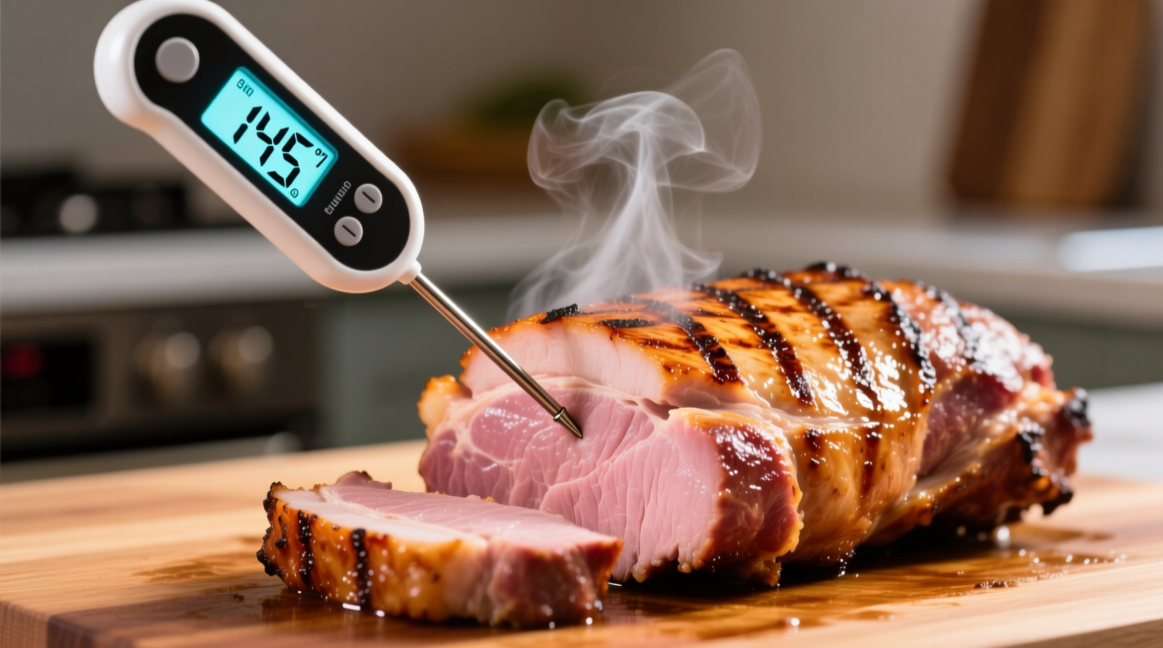 Digital meat thermometer showing 145 degrees in pork loin