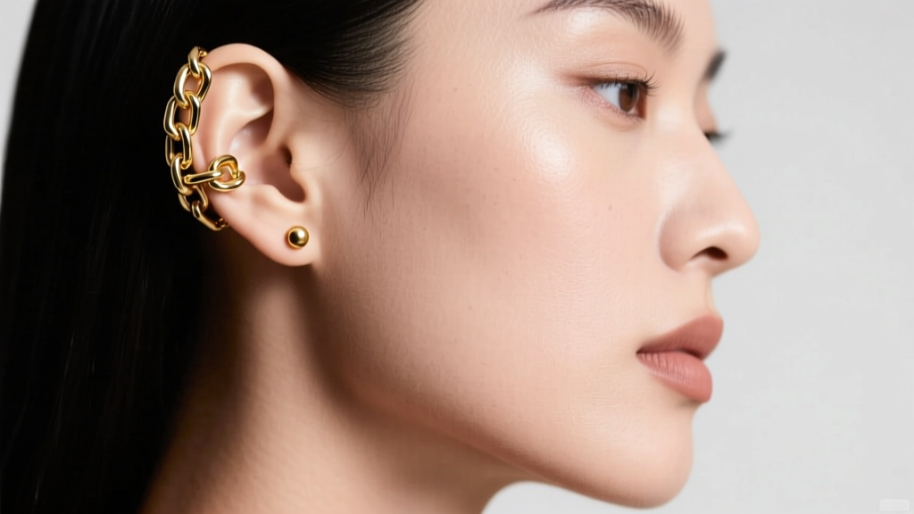 Side profile of a model with a heavy 14k gold chain-link ear cuff on the upper helix, paired with a minimalist lobe stud.