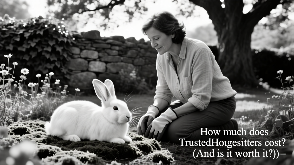 Black-and-white rabbit resting peacefully in a garden beside a gentle caregiver