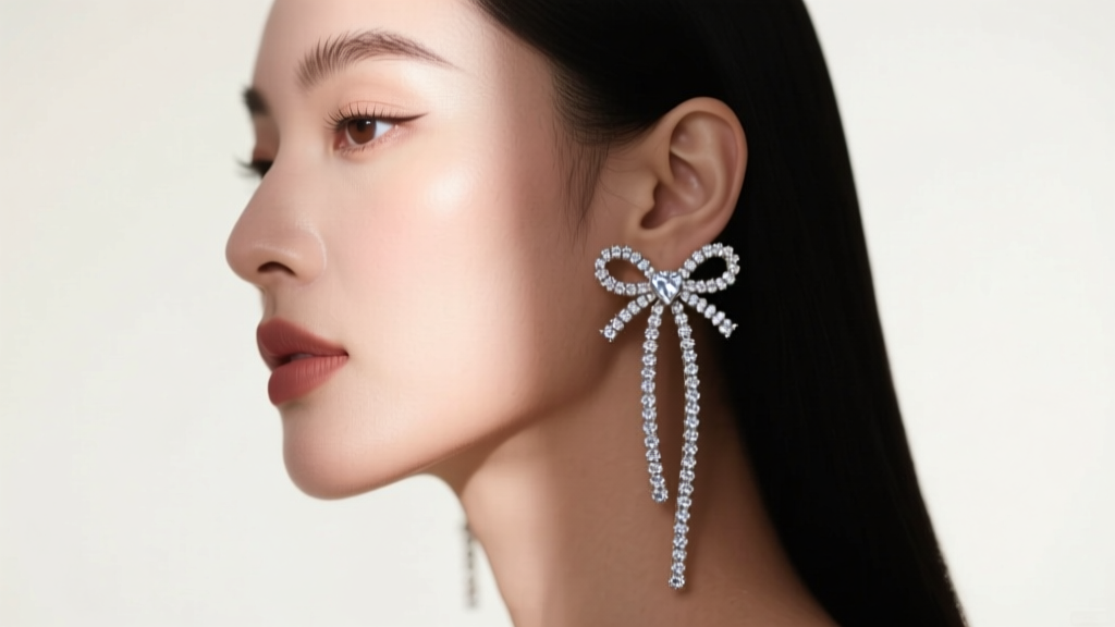 Side profile of woman with heart-shaped face wearing long cascading diamond cute bow earrings, bright studio fashion lighting set