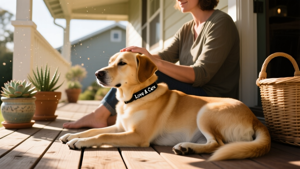 A calm, healthy adult dog resting peacefully beside its owner on a sunlit porch