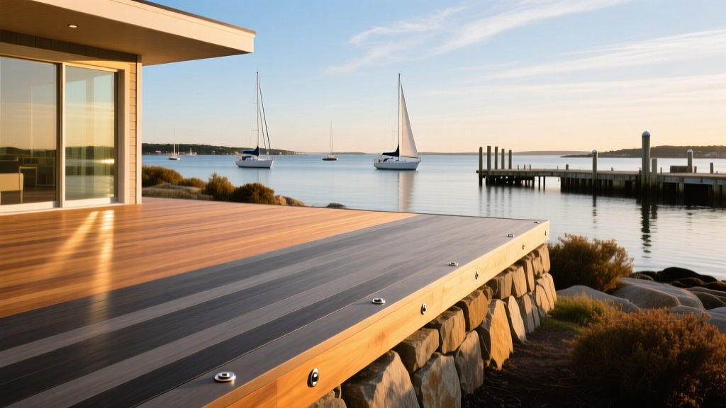 Capped composite decking with stainless steel hidden fasteners installed on a coastal home in Plymouth Massachusetts overlooking the harbor