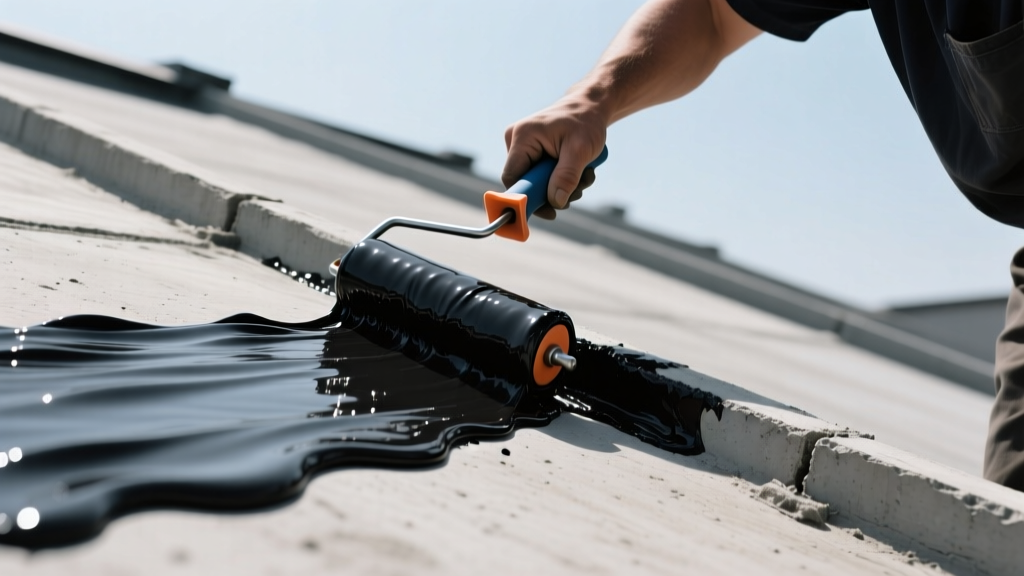 Worker applying highly elastic black liquid rubber coating over a concrete roof joint with a roller, highlighting the stretchy texture