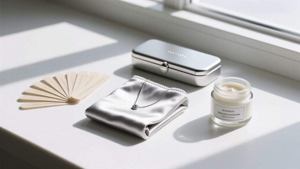 Flat lay of a silver jewelry care kit with a microfiber polishing cloth, anti-tarnish strips, and a small jar of polish.