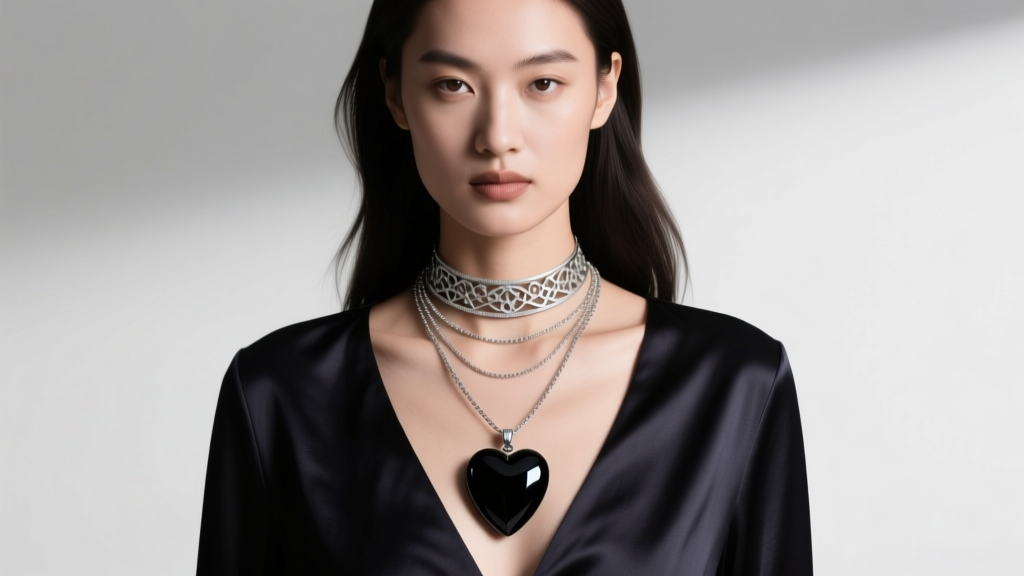Model wearing a layered necklace stack featuring a silver choker and an 18-inch black obsidian heart pendant over a dark silk top.