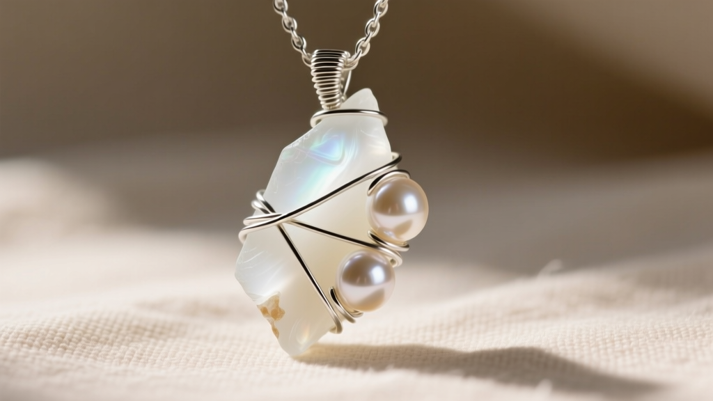 Macro shot of asymmetrical wire-wrapped pendant with frosted white sea glass intertwined with small baroque freshwater pearls.