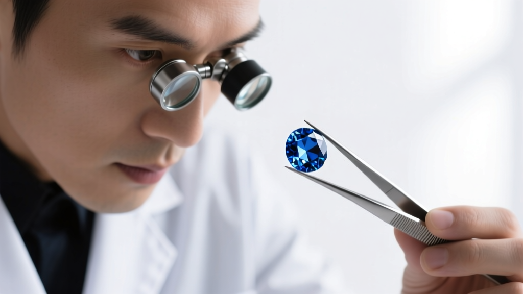 Jeweler examining a faceted blue synthetic spinel with a loupe, holding steel tweezers against a softly blurred white background.