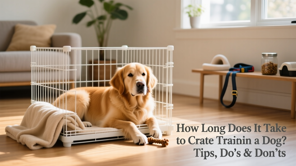 A calm, relaxed dog resting inside a clean, appropriately sized crate with a soft blanket and chew toy