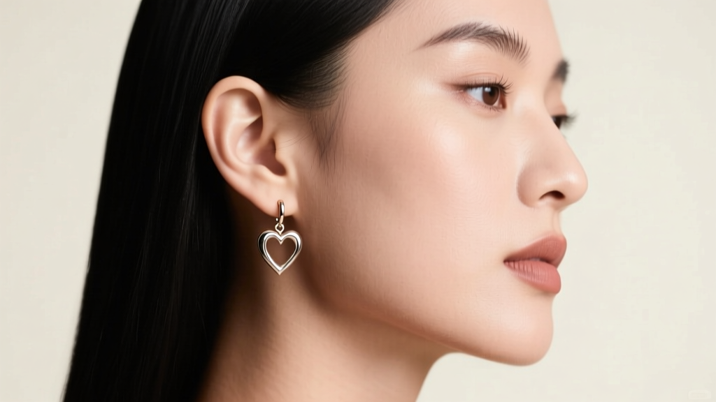 Side profile of a model wearing a heart dangle earring, showing perfect vertical alignment and a flush fit against the earlobe.