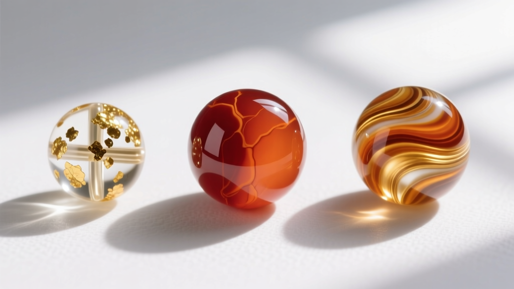 Macro shot comparing a polished carnelian gemstone bead, a swirled glass bead, and an epoxy resin bead with gold flakes inside.