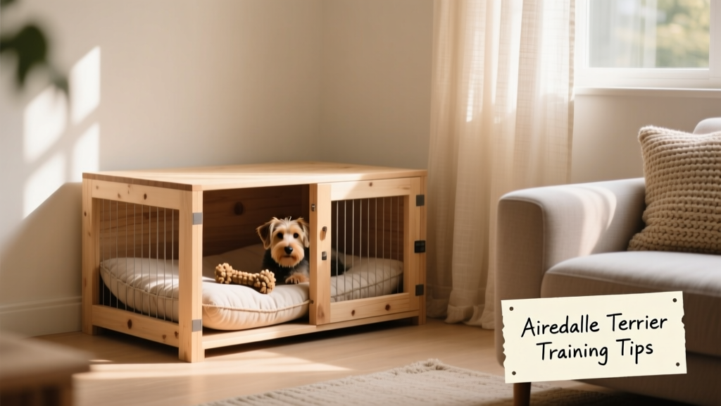 A clean, cozy kennel with a soft bed and chew toy inside, placed in a bright, quiet corner of a living room