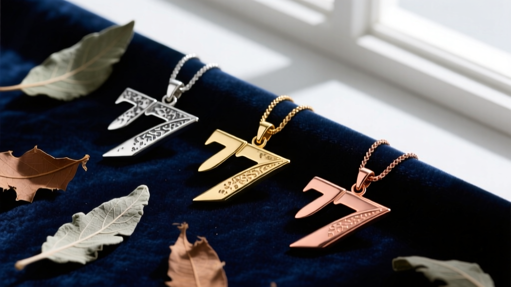 Flat lay of three 777 pendants in oxidized silver, rose gold, and copper on dark velvet cloth with scattered dried sage leaves