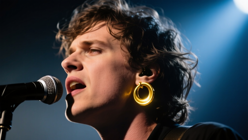Close-up portrait of a rock singer on stage wearing a single 25mm solid 14k yellow gold hoop earring under dramatic spotlighting.