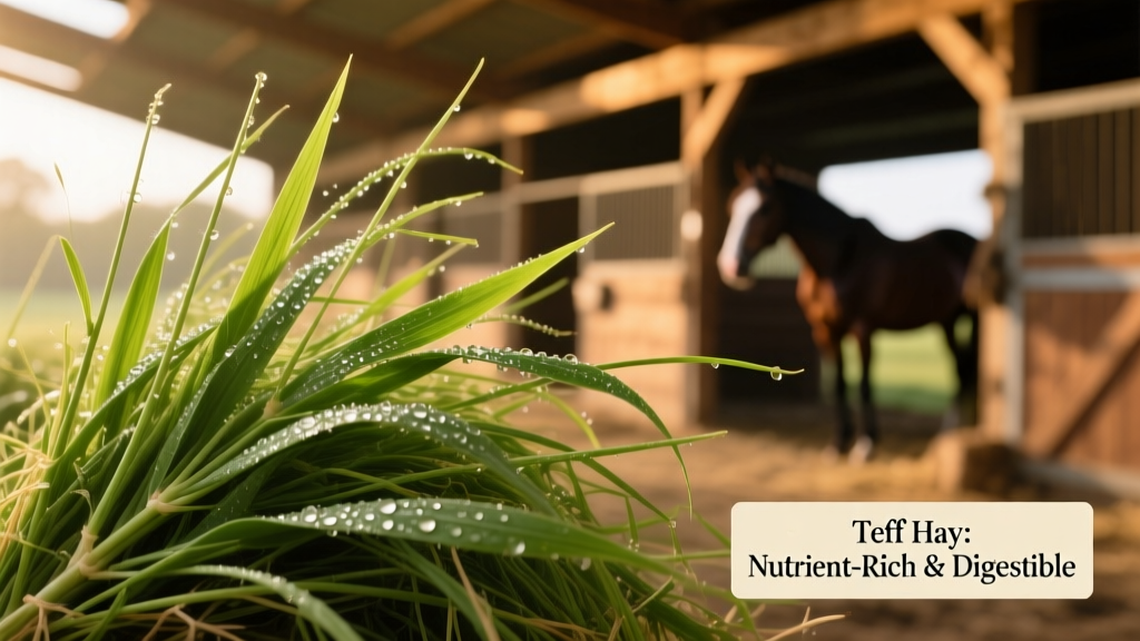 Close-up of fresh, green teff hay showing fine stems and abundant leaves