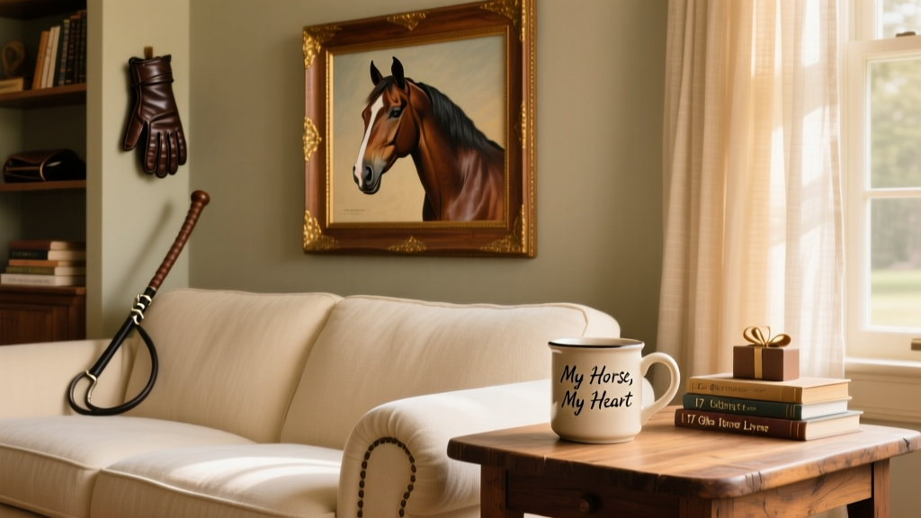 Custom-framed horse portrait hanging above a cozy living room sofa next to a personalized coffee mug on a side table