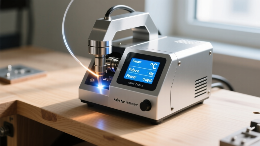 Close-up of a modern pulse arc permanent jewelry welding machine with a digital display on a clean wooden jeweler
